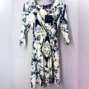 NWT Cynthia Rowley Black/Blue/White Stretchy Wrap Midi Dress Women Small Boho